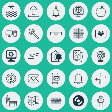 25 evrensel düzenlenebilir simgeler kümesi. Web, mobil ve App tasarım için kullanılabilir. Kırık çizgiler grafik, Handbell, House gibi unsurları içerir.