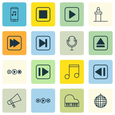 16 Multimedya simgeler kümesi. Ardından Müzik, Mike, ses mobil ve diğer simgeler içerir. Güzel tasarım öğeleri.