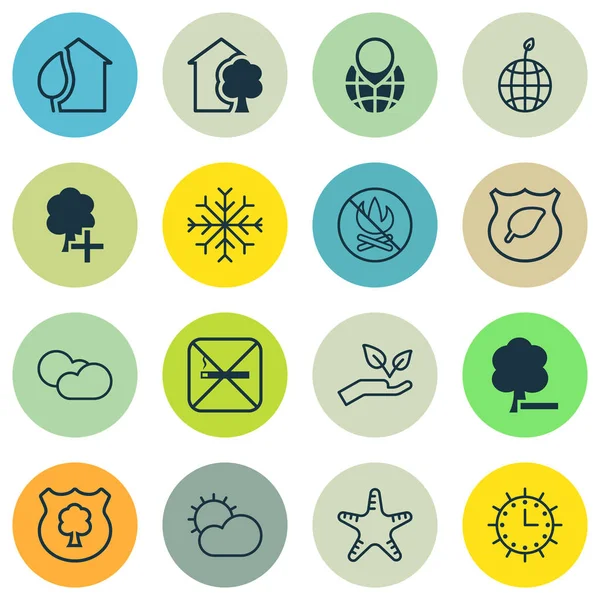 Set van 16 ecologie iconen. Bevat zee ster, wolk Cumulus, hout en andere symbolen. Mooie designelementen. — Stockvector