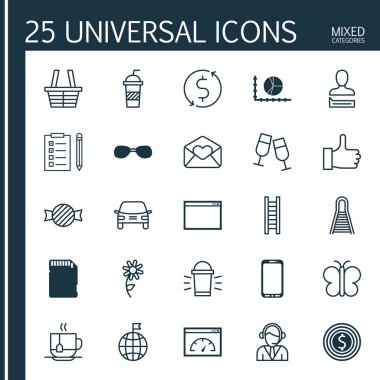 25 evrensel düzenlenebilir simgeler kümesi. Web, mobil ve App tasarım için kullanılabilir. Şampanya bardağı, hafıza kartı, iş hedefi ve daha fazlası gibi unsurları içerir.