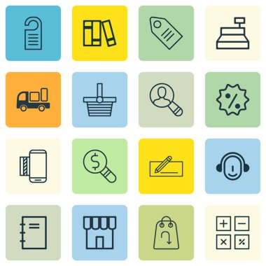 16 e-ticaret simgeler kümesi. Dükkanı, iş denetim, Spiral defter ve diğer simgeleri içerir. Güzel tasarım öğeleri.
