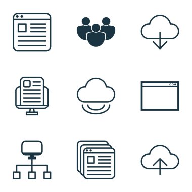 9 Online bağlantı simgeler kümesi. Sanal depolama, yerel bağlantı, veri içerir eşitlemek ve diğer simgeler. Güzel tasarım öğeleri.