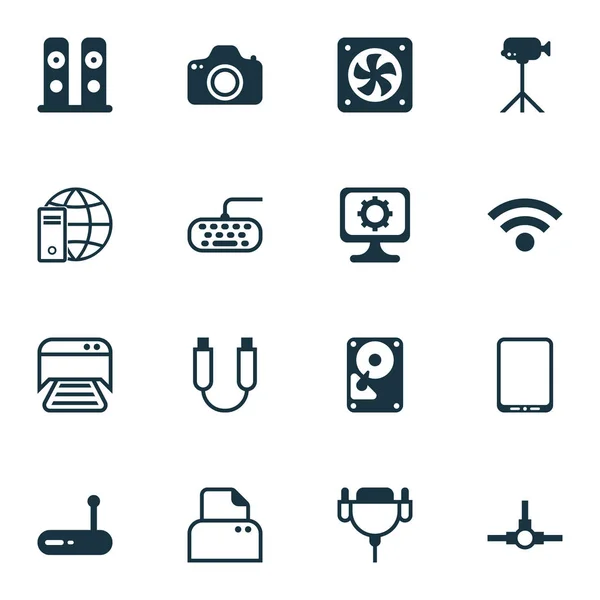 Комплект из 16 иконок компьютерного оборудования. Включает в себя камеру, интернет-сеть, структуру сети и другие символы. Элементы дизайна . — стоковый вектор