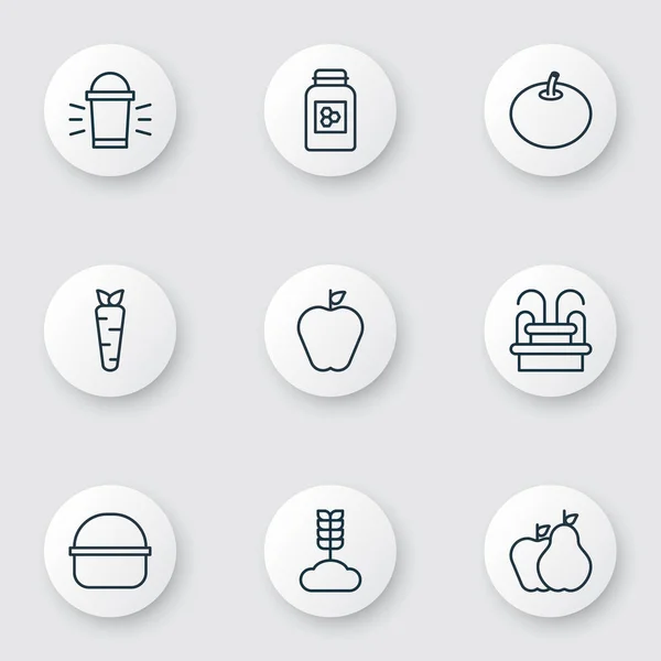 Conjunto de 9 ícones de plantação. Inclui Jar, Cereal, Lâmpada pendurada e outros símbolos. Elementos de design bonito . — Vetor de Stock