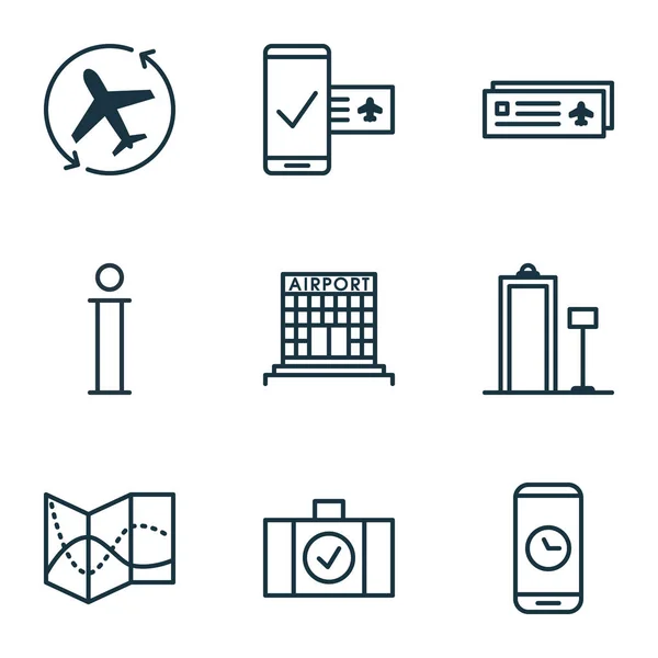 Conjunto de 9 iconos de viaje. Incluye tarjeta de aeropuerto, flecha de avión, duración de la llamada y otros símbolos. Hermosos elementos de diseño . — Vector de stock