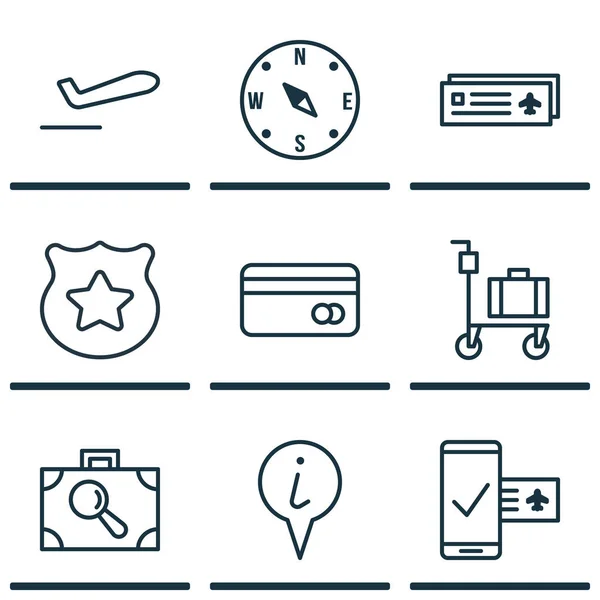 Conjunto de 9 iconos de viaje. Incluye tarjeta de plástico, reserva telefónica, despegue del avión y otros símbolos. Hermosos elementos de diseño . — Vector de stock