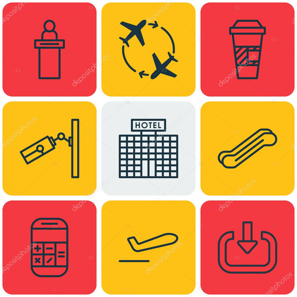 Set Of 9 Airport Icons. Includes Takeaway Coffee, Registration Service, Calculation And Other Symbols. Beautiful Design Elements.