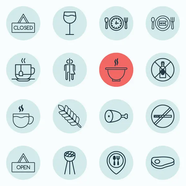 Conjunto de 16 iconos de la alimentación. Incluye aves de corral fritas, filete, vino y otros símbolos. Hermosos elementos de diseño . — Archivo Imágenes Vectoriales