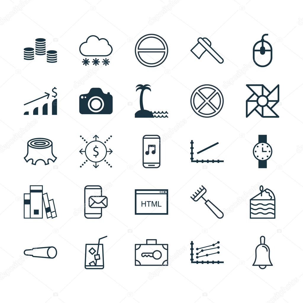 Set Of 25 Universal Editable Icons. Can Be Used For Web, Mobile And App Design. Includes Elements Such As Line Graph, Money, Coding And More.