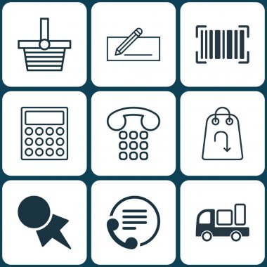 9 E-ticaret simgeler kümesi. Para transferi, telefon, indirim kuponu ve diğer simgeleri içerir. Güzel tasarım öğeleri.
