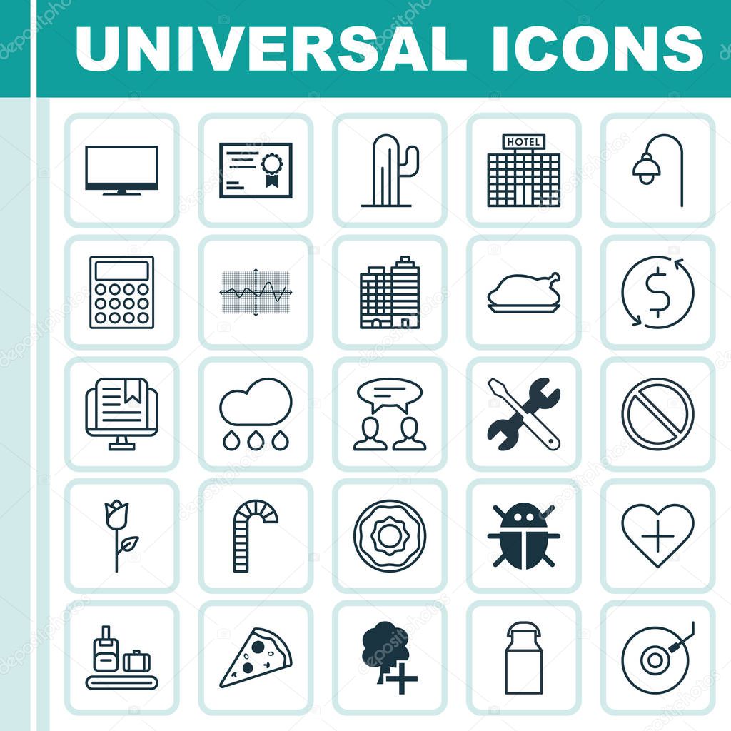 Set Of 25 Universal Editable Icons. Can Be Used For Web, Mobile And App Design. Includes Elements Such As Hotel, Sliced Pizza, Love Flower And More.