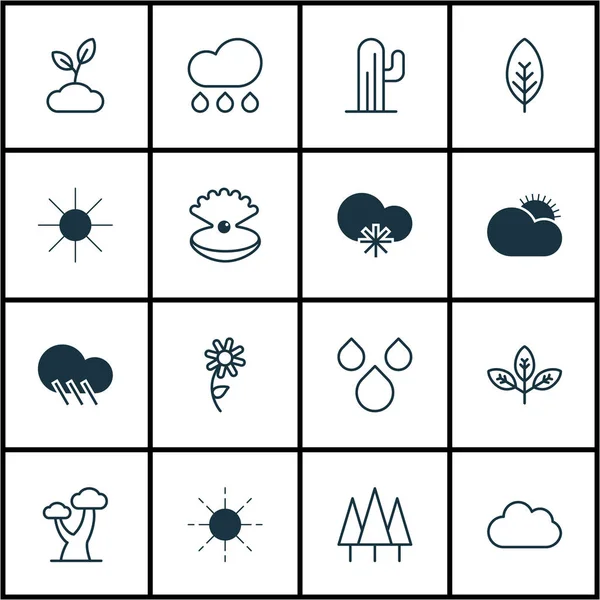 Sada 16 ikon na světě. Zahrnuje chladné podnebí, déšť, kaktusy a další symboly. Krásné designové prvky. — Stockový vektor