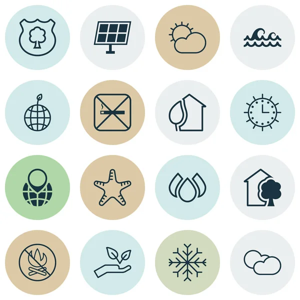 Set van 16 ecologie iconen. Bevat wereld ecologie, Cloud Cumulus, Ocean Wave en andere symbolen. Mooie designelementen. — Stockvector