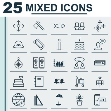 25 evrensel düzenlenebilir simgeler kümesi. Web, mobil ve App tasarım için kullanılabilir. Spiral defter, yıldız kar, kutlama pastası ve daha fazlası gibi unsurları içerir.