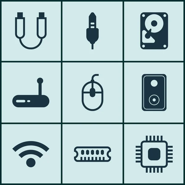 Conjunto de 9 Ícones de Hardware de Computador. Inclui Wireless, Hdd, Dispositivo de áudio e outros símbolos. Elementos de design bonito . — Vetor de Stock