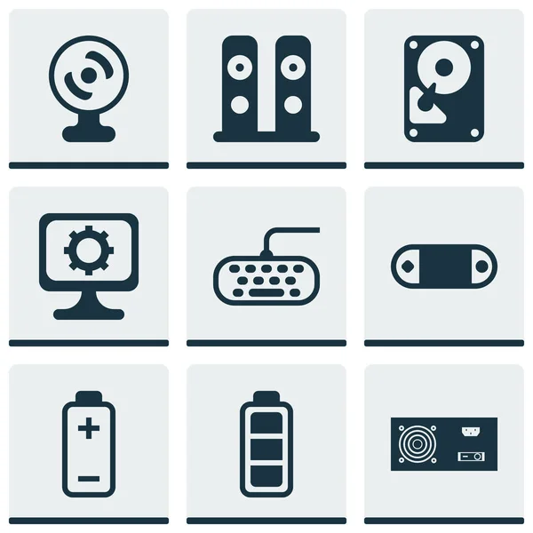 Набор из 9 иконок компьютерного оборудования. Includes Hdd, Loudspeakers, Computer Keypad and Other Symbols. Элементы дизайна . — стоковый вектор