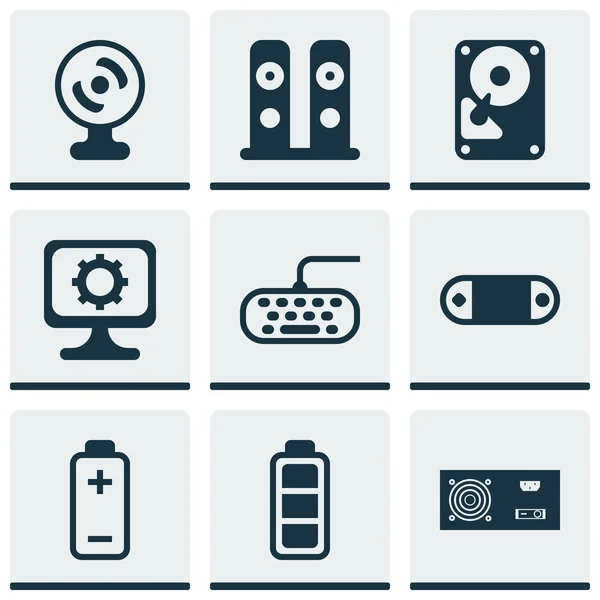 Conjunto de 9 iconos de hardware informático. Incluye Hdd, altavoces, teclado informático y otros símbolos. Hermosos elementos de diseño . — Vector de stock