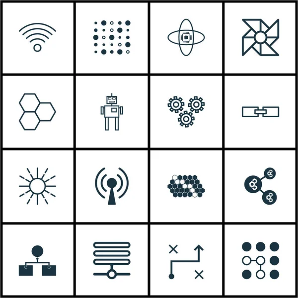 Zestaw 16 ikon robotyki. Zawiera atomowej Cpu, rozwiązanie, wzór gałęzi i inne symbole. Piękny Design elementów. — Wektor stockowy