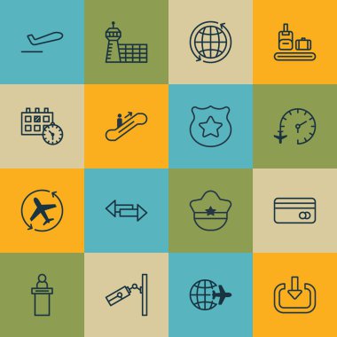 16 seyahat simgeleri ayarlayın. Evrak Çantası'nı inceden inceye gözden geçirmek, Pilot şapkası, kavşak ve diğer simgeleri içerir. Güzel tasarım öğeleri.