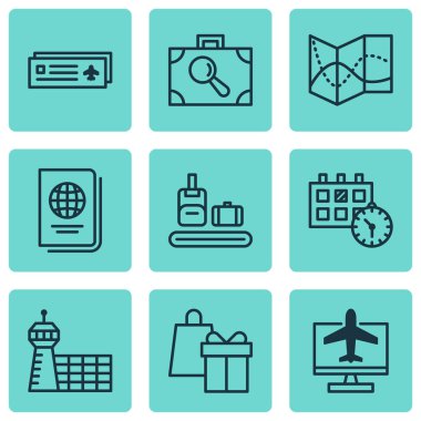 9 ulaşım simgeler kümesi. Kimlik belgesi, Evrak Çantası'nı tarayıcı, alışveriş ve diğer simgeler içerir. Güzel tasarım öğeleri.