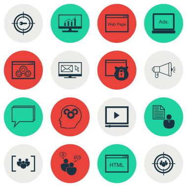 16 reklam simgeler kümesi. Entelektüel süreç, Pazar araştırması, Video oynatıcı ve diğer simgeleri içerir. Güzel tasarım öğeleri.