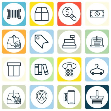 16 e-ticaret simgeler kümesi. Giden kazanç, indirim konumu, karton ile diğer simgeleri içerir. Güzel tasarım öğeleri.