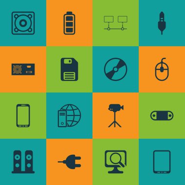 16 bilgisayar donanım simgeler kümesi. Video kamera, dizüstü bilgisayar, jeneratör ve diğer simgeleri içerir. Güzel tasarım öğeleri.