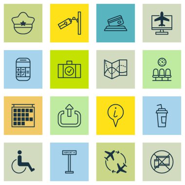 16 ulaşım simgeler kümesi. Internet bilet, çıkış, hesaplama ve diğer simgeleri içerir. Güzel tasarım öğeleri.