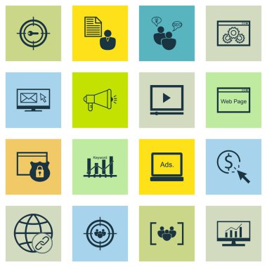 16 Seo simgeler kümesi. Rapor, Web sitesi, medya kampanyası ve diğer simgeleri içerir. Güzel tasarım öğeleri.