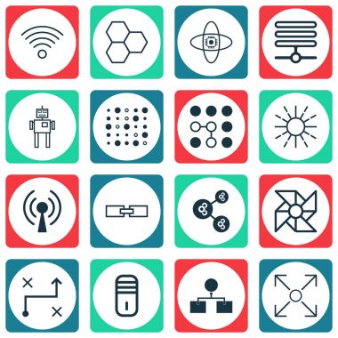16 Robotik simgeler kümesi. Bilgi bileşenleri, hafiflik modu, radyo dalgaları ve diğer simgeleri içerir. Güzel tasarım öğeleri.