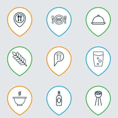 9 Cafe simgeler kümesi. Buğday, gıda eşleme, kase ve diğer simgeleri içerir. Güzel tasarım öğeleri.