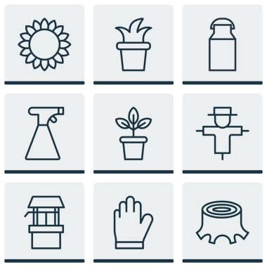 9 Holticulture simgeler kümesi. Bush Pot, ayçiçeği, koruma Mitt ve diğer simgeleri içerir. Güzel tasarım öğeleri.