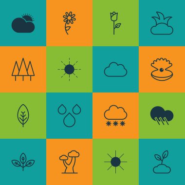 16 uyum simgeler kümesi. Sevgi çiçek, su damlaları, ayçiçeği ve diğer simgeleri içerir. Güzel tasarım öğeleri.