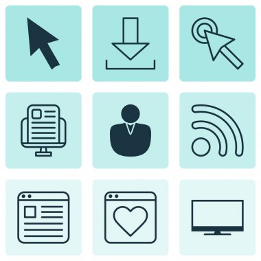 9 Online bağlantı simgeler kümesi. İmleç dokunun, Blog sayfası, görüntü ve diğer simgeleri içerir. Güzel tasarım öğeleri.