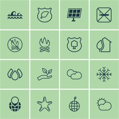 16 ekoloji simgeler kümesi. Yasaklı yangın, kar, Guard ağaç ve diğer simgeleri içerir. Güzel tasarım öğeleri.