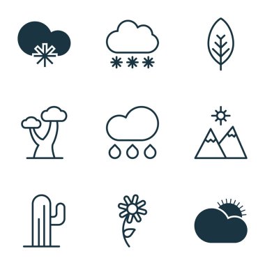 9 ekoloji simgeler kümesi. Kaktüs, yağmur, kar fırtınası ve diğer simgeleri içerir. Güzel tasarım öğeleri.