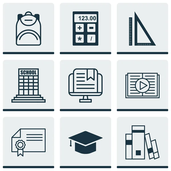 Uppsättning av 9 skola ikoner. Inkluderar Academy, diplom, elektroniskt verktyg och andra symboler. Vacker designelement. — Stock vektor