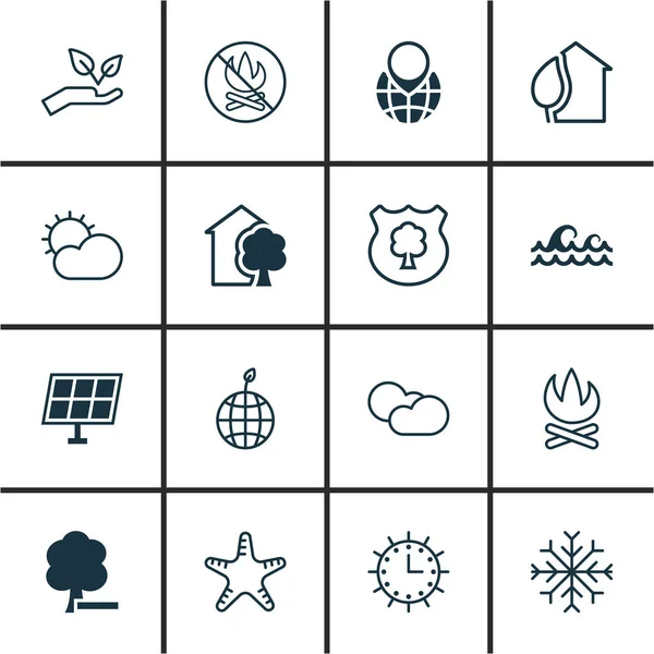 Set van 16 Eco iconen. Bevat huis, wereld ecologie, Ocean Wave en andere symbolen. Mooie designelementen. — Stockvector