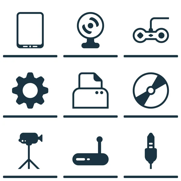 Set de 9 Icoane Hardware de calculator. Include Cd-Rom, Router, Joystick și alte simboluri. Elemente de design frumoase . — Vector de stoc