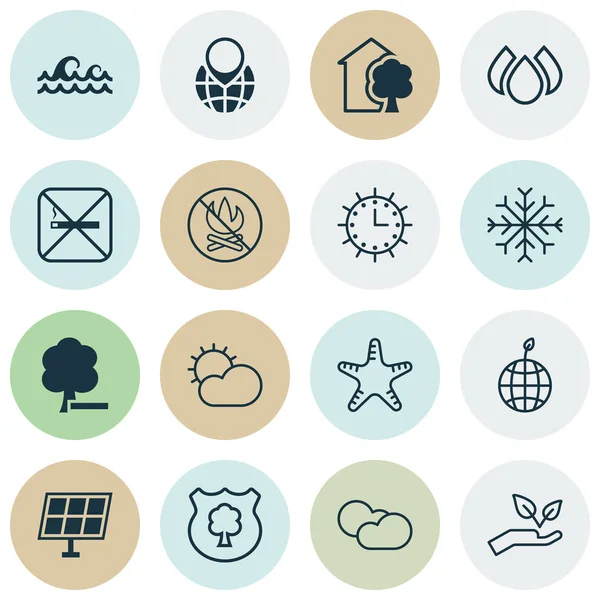 Set van 16 ecologie iconen. Aqua, opslaan wereld, hout en andere symbolen bevat. Mooie designelementen. — Stockvector