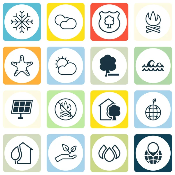 Set van 16 Eco-vriendelijke iconen. Omvat hout, vuur verboden, Bonfire en andere symbolen. Mooie designelementen. — Stockvector