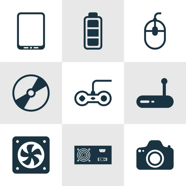 Set Of 9 Computer Hardware Icons. Includes Control Device, Power Generator, Accumulator Sign And Other Symbols. Beautiful Design Elements. — Stock Vector