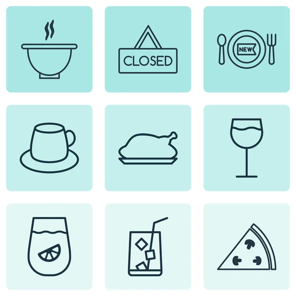 Conjunto de 9 ícones de refeição. Inclui Pepperoni, xícara de café, frango frito e outros símbolos. Elementos de design bonito . —  Vetores de Stock