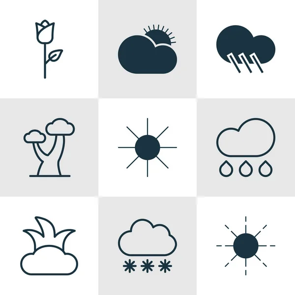 Set Of 9 Nature Icons. Includes Raindrop, Sunny Weather, Rain And Other Symbols. Beautiful Design Elements.