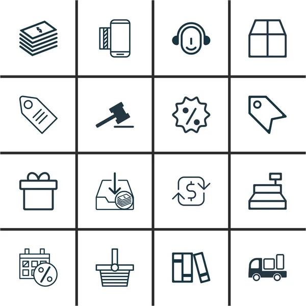 Conjunto de 16 iconos de comercio electrónico. Incluye Cartón, Pagos recurrentes, Pannier y otros símbolos. Hermosos elementos de diseño . — Archivo Imágenes Vectoriales