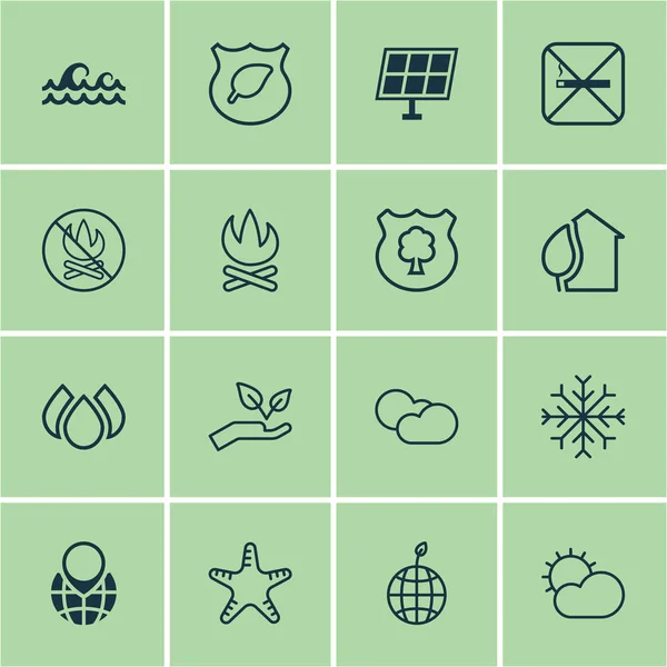 Set van 16 ecologie iconen. Bevat vuur verboden, sneeuw, boom van de Guard en andere symbolen. Mooie designelementen. — Stockvector