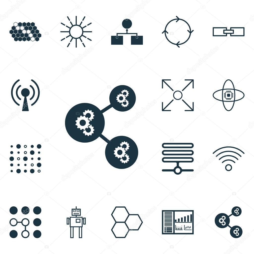 Set Of 16 Artificial Intelligence Icons. Includes Information Components, Hive Pattern, Radio Waves And Other Symbols. Beautiful Design Elements.