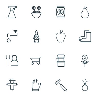 16 Bahçe simgeler kümesi. Sarımsak, yağmurlama, dekoratif bitki ve diğer simgeleri içerir. Güzel tasarım öğeleri.