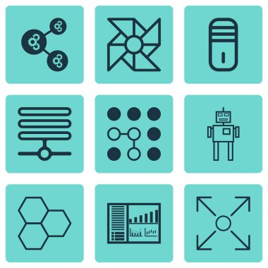 9 yapay zeka simgeler kümesi. Algoritma illüstrasyon, Denetleme Kurulu, Bilgi Bankası ve diğer simgeler içerir. Güzel tasarım öğeleri.