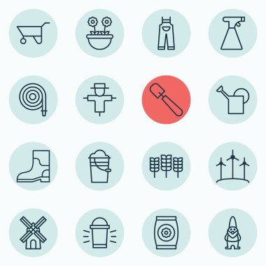 16 Bahçe simgeler kümesi. Yağmurlama, değirmen, cüce ve diğer simgeleri içerir. Güzel tasarım öğeleri.